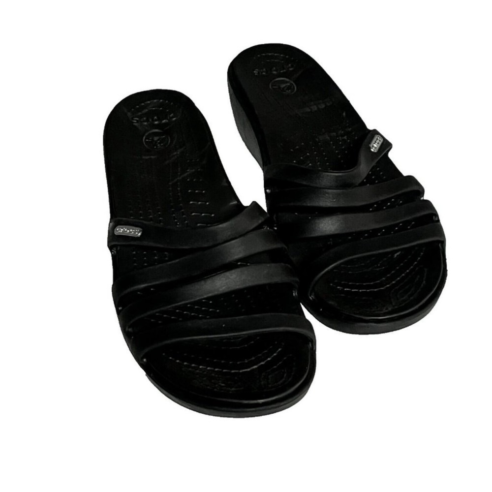 Crocs Women's Size 9 Rhonda Wedge Slip On Strappy Sandals Slides Open Toe Black